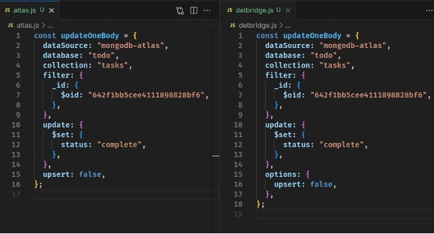Comparison between Atlas Data API and Delbridge Data API request formats for common operations