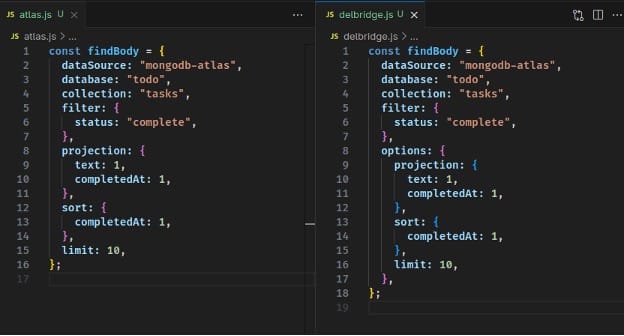 : Comparison between Atlas Data API and Delbridge Data API request formats for common operations
